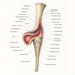 An anatomical illustration of a human penis with detailed labeling of all components including the shaft, glans, and erectile tissue