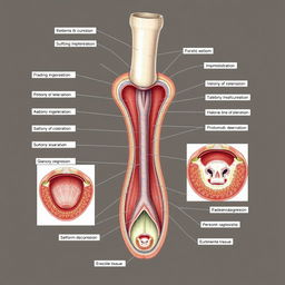 An anatomical illustration of a human penis with detailed labeling of all components including the shaft, glans, and erectile tissue