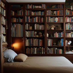 A cozy, studious bedroom, filled with bookshelves overflowing with books, a large wooden desk with study lamps, a comfy bed and an antique, spacious wardrobe