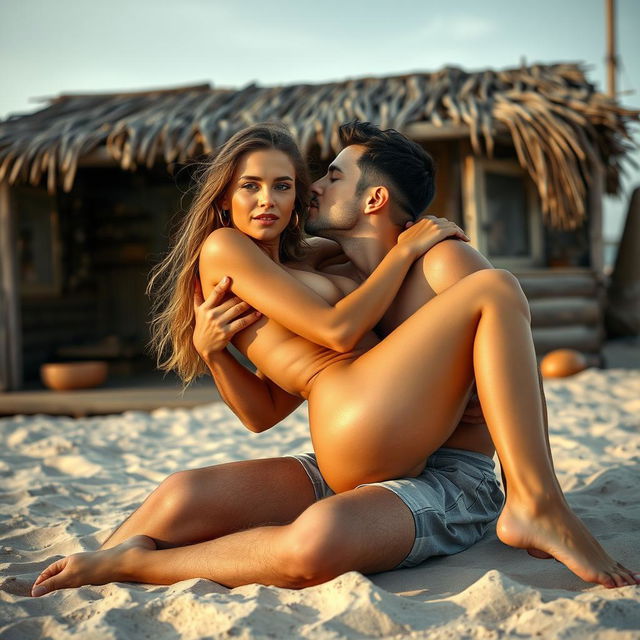 A sensual scene set at a beach shack during the day, featuring a young woman with long legs and captivating features