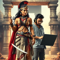 A striking image featuring an ancient Indian female warrior, depicted as a fierce and sexy character, adorned in traditional warrior attire that blends armor with cultural elements, such as intricate jewelry and a flowing scarf