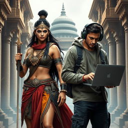 A striking image featuring an ancient Indian female warrior, depicted as a fierce and sexy character, adorned in traditional warrior attire that blends armor with cultural elements, such as intricate jewelry and a flowing scarf