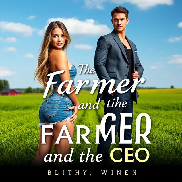 A romance cover design for 'The Farmer and the CEO', featuring a stunning 18-year-old woman with a beautiful face, wearing denim shorts that accentuate her curvy figure