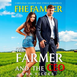 A romance cover design for 'The Farmer and the CEO', featuring a stunning 18-year-old woman with a beautiful face, wearing denim shorts that accentuate her curvy figure