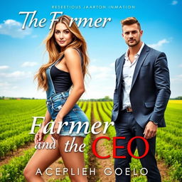 A romance cover design for 'The Farmer and the CEO', featuring a stunning 18-year-old woman with a beautiful face, wearing denim shorts that accentuate her curvy figure