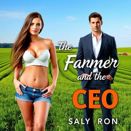 A romance cover design for 'The Farmer and the CEO', featuring a stunning 18-year-old woman with a beautiful face, wearing denim shorts that accentuate her curvy figure