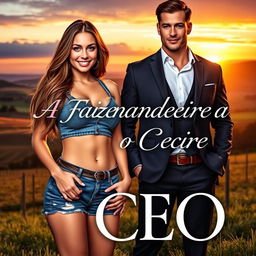 A captivating romance novel cover titled 'A Fazendeira e o CEO', featuring a gorgeous 18-year-old woman with a beautiful face, wearing denim shorts that accentuate her curvy figure