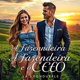 A captivating romance novel cover titled 'A Fazendeira e o CEO', featuring a gorgeous 18-year-old woman with a beautiful face, wearing denim shorts that accentuate her curvy figure