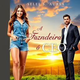 A captivating romance novel cover titled 'A Fazendeira e o CEO', featuring a gorgeous 18-year-old woman with a beautiful face, wearing denim shorts that accentuate her curvy figure