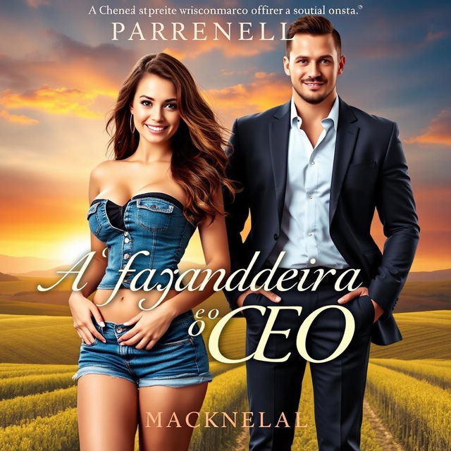 A captivating romance novel cover titled 'A Fazendeira e o CEO', featuring a gorgeous 18-year-old woman with a beautiful face, wearing denim shorts that accentuate her curvy figure