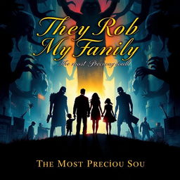 A hauntingly beautiful book cover illustration depicting a silhouette of a family standing together, holding hands, against a vivid, disorienting backdrop of an urban landscape being overshadowed by dark, looming figures representing danger