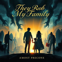 A hauntingly beautiful book cover illustration depicting a silhouette of a family standing together, holding hands, against a vivid, disorienting backdrop of an urban landscape being overshadowed by dark, looming figures representing danger
