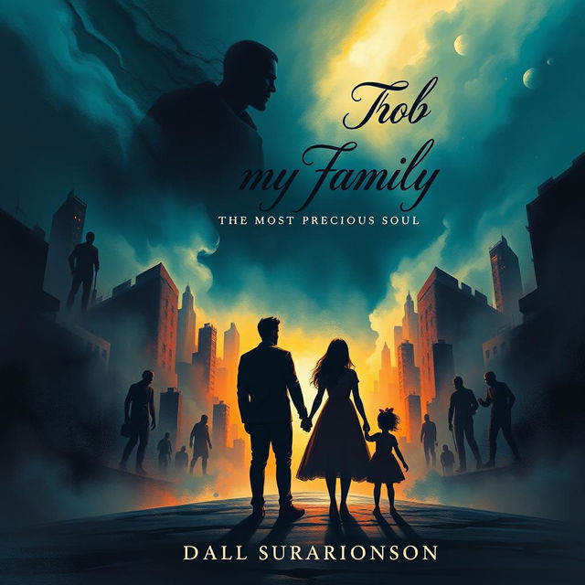 A hauntingly beautiful book cover illustration depicting a silhouette of a family standing together, holding hands, against a vivid, disorienting backdrop of an urban landscape being overshadowed by dark, looming figures representing danger