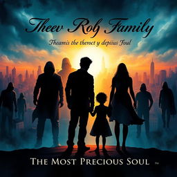 A hauntingly beautiful book cover illustration depicting a silhouette of a family standing together, holding hands, against a vivid, disorienting backdrop of an urban landscape being overshadowed by dark, looming figures representing danger