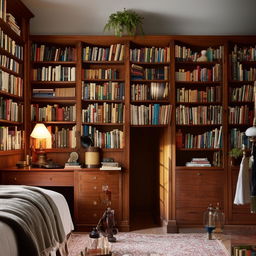 A cozy, studious bedroom, filled with bookshelves overflowing with books, a large wooden desk with study lamps, a comfy bed and an antique, spacious wardrobe