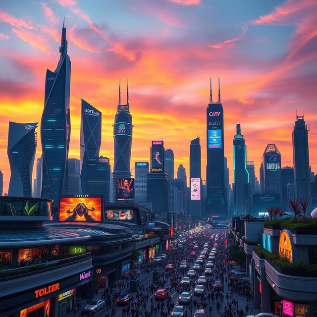 A futuristic city skyline at sunset, illuminated by neon lights in various colors