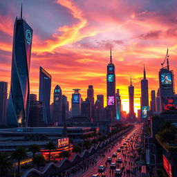 A futuristic city skyline at sunset, illuminated by neon lights in various colors