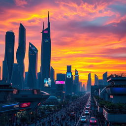 A futuristic city skyline at sunset, illuminated by neon lights in various colors
