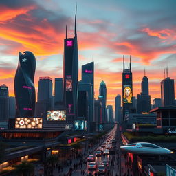 A futuristic city skyline at sunset, illuminated by neon lights in various colors