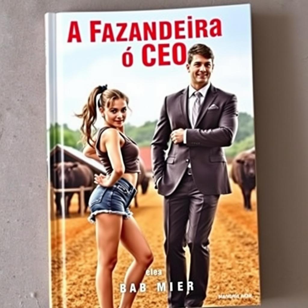 A romance book cover titled 'A Fazendeira e o CEO', featuring a young woman with long hair tied in a playful ponytail, wearing a cute short denim shorts and a stylish top