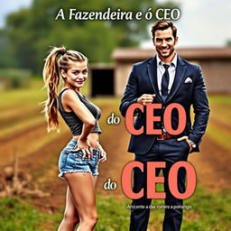 A romance book cover titled 'A Fazendeira e o CEO', featuring a young woman with long hair tied in a playful ponytail, wearing a cute short denim shorts and a stylish top