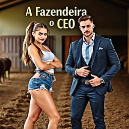 A romance book cover titled 'A Fazendeira e o CEO', featuring a young woman with long hair tied in a playful ponytail, wearing a cute short denim shorts and a stylish top