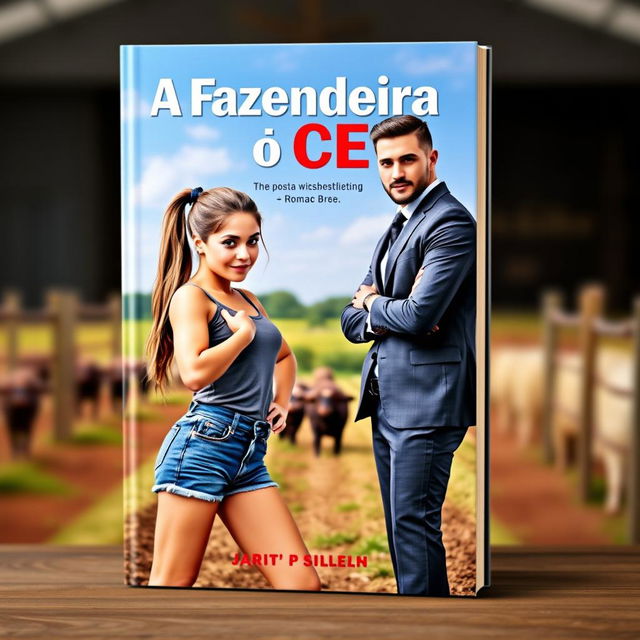 A romance book cover titled 'A Fazendeira e o CEO', featuring a young woman with long hair tied in a playful ponytail, wearing a cute short denim shorts and a stylish top