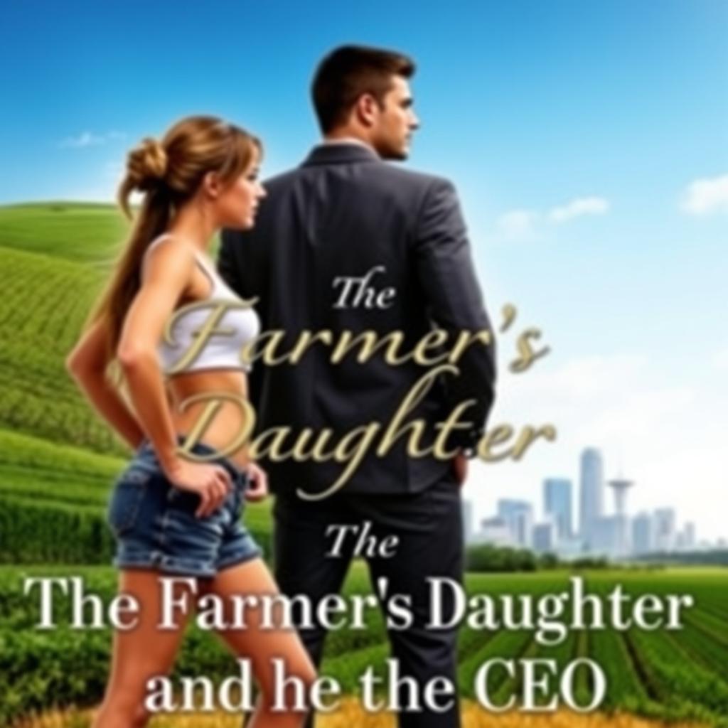 A captivating romance book cover titled 'The Farmer's Daughter and the CEO', featuring a young woman with long, waist-length hair tied up, wearing a short denim shorts