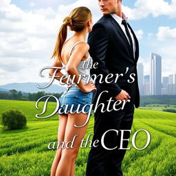 A captivating romance book cover titled 'The Farmer's Daughter and the CEO', featuring a young woman with long, waist-length hair tied up, wearing a short denim shorts