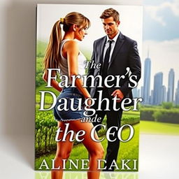 A captivating romance book cover titled 'The Farmer's Daughter and the CEO', featuring a young woman with long, waist-length hair tied up, wearing a short denim shorts