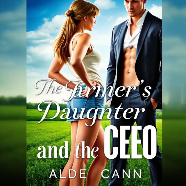 A captivating romance book cover titled 'The Farmer's Daughter and the CEO', featuring a young woman with long, waist-length hair tied up, wearing a short denim shorts