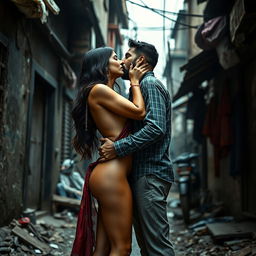 A dramatic and emotional scene set in an urban slum, featuring a stylish Pakistani woman with long legs, depicted in an artistic nude form