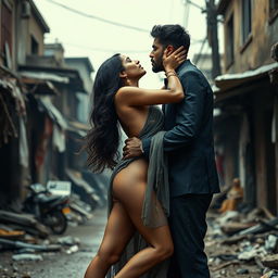 A dramatic and emotional scene set in an urban slum, featuring a stylish Pakistani woman with long legs, depicted in an artistic nude form
