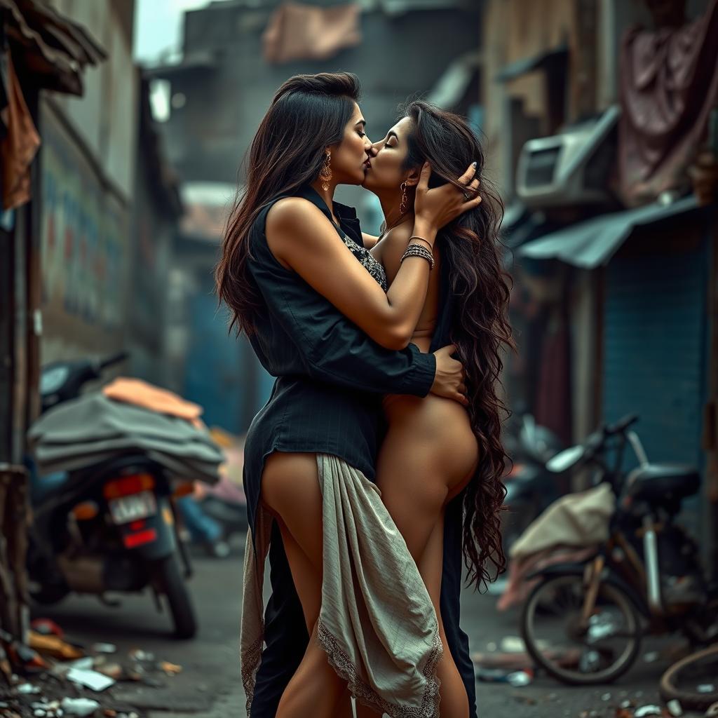 A dramatic and emotional scene set in an urban slum, featuring a stylish Pakistani woman with long legs, depicted in an artistic nude form