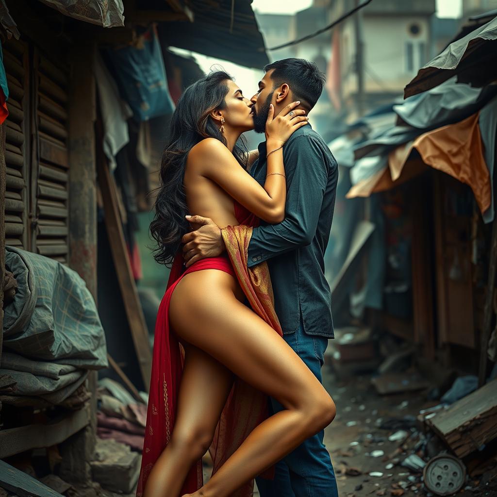 A vivid and emotional scene set in a slum, showcasing a fashionable and attractive Pakistani woman with long legs, portrayed in an artistic nude style