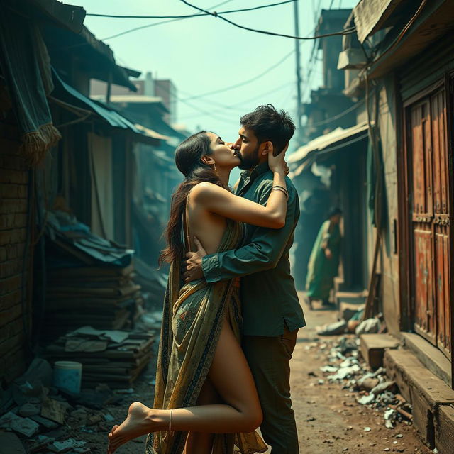 A vivid and emotional scene set in a slum, showcasing a fashionable and attractive Pakistani woman with long legs, portrayed in an artistic nude style