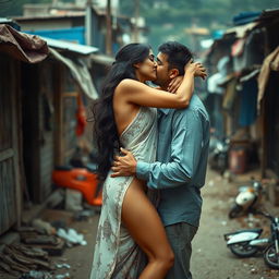 A vivid and emotional scene set in a slum, showcasing a fashionable and attractive Pakistani woman with long legs, portrayed in an artistic nude style