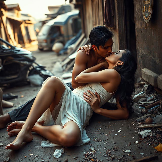 A powerful and emotional scene set in a slum, featuring a fashionable and attractive Pakistani woman with long legs, depicted in an artistic nude style