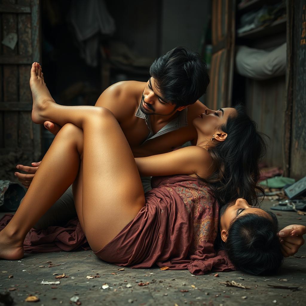 A powerful and emotional scene set in a slum, featuring a fashionable and attractive Pakistani woman with long legs, depicted in an artistic nude style