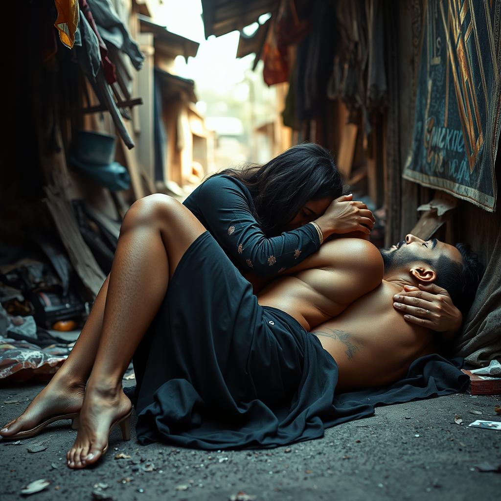 A powerful and emotional scene set in a slum, featuring a fashionable and attractive Pakistani woman with long legs, depicted in an artistic nude style