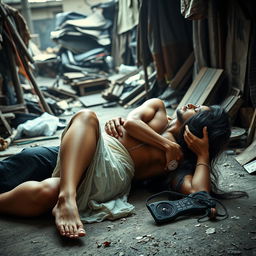 A powerful and emotional scene set in a slum, featuring a fashionable and attractive Pakistani woman with long legs, depicted in an artistic nude style