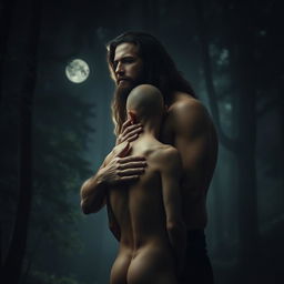 A tall, long-haired man with a beard tenderly holds the neck of a short, small, hairless, skinny young man from behind, both depicted in a serene nude scene set in dark, mystical woods