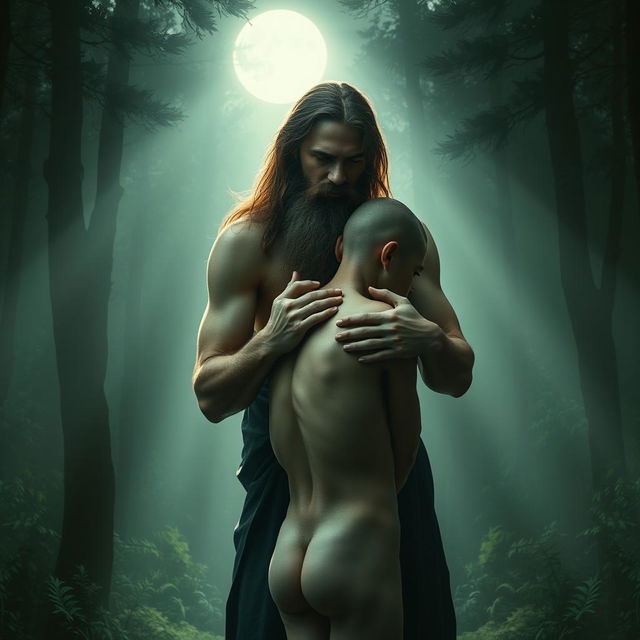 A tall, long-haired man with a beard tenderly holds the neck of a short, small, hairless, skinny young man from behind, both depicted in a serene nude scene set in dark, mystical woods