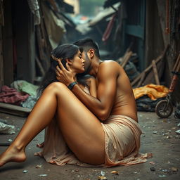A striking and evocative scene set in a slum, featuring a fashionable Pakistani woman with long legs, depicted in an artistic nude style