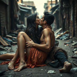 A striking and evocative scene set in a slum, featuring a fashionable Pakistani woman with long legs, depicted in an artistic nude style