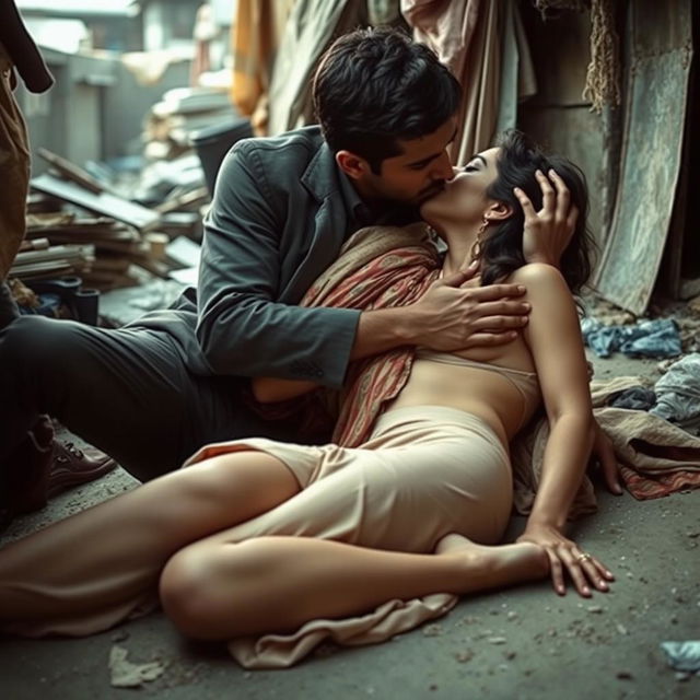 A striking and evocative scene set in a slum, featuring a fashionable Pakistani woman with long legs, depicted in an artistic nude style