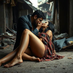A striking and evocative scene set in a slum, featuring a fashionable Pakistani woman with long legs, depicted in an artistic nude style