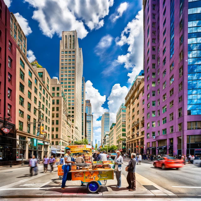 A bustling city street captured in a photograph, featuring diverse architecture, busy traffic, pedestrians going about their day, and a street vendor interacting with a customer