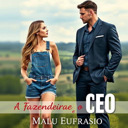 A romantic book cover for 'A Fazendeira e o CEO', featuring a beautiful 18-year-old woman with a stunning face, wearing a short denim overall that accentuates her curvy figure