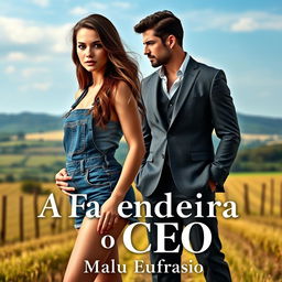 A romantic book cover for 'A Fazendeira e o CEO', featuring a beautiful 18-year-old woman with a stunning face, wearing a short denim overall that accentuates her curvy figure